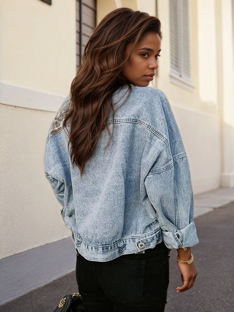 2025 Wear And Tear Denim Jacket, Women's Leopard Patch Short Jacket, Fashionable Street Outdoor Style, Women's Leopard Print Denim Jacket, Cool And Casual