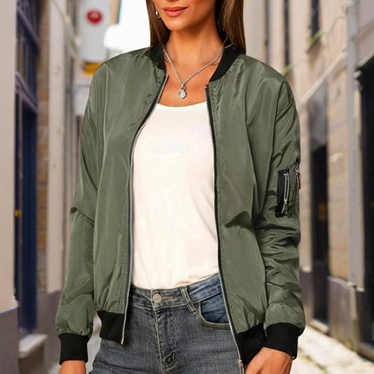 Women's Zippered Long-Sleeve Stand Collar Jacket Color-Blocked Spring & Fall Fashion Minimalist Top