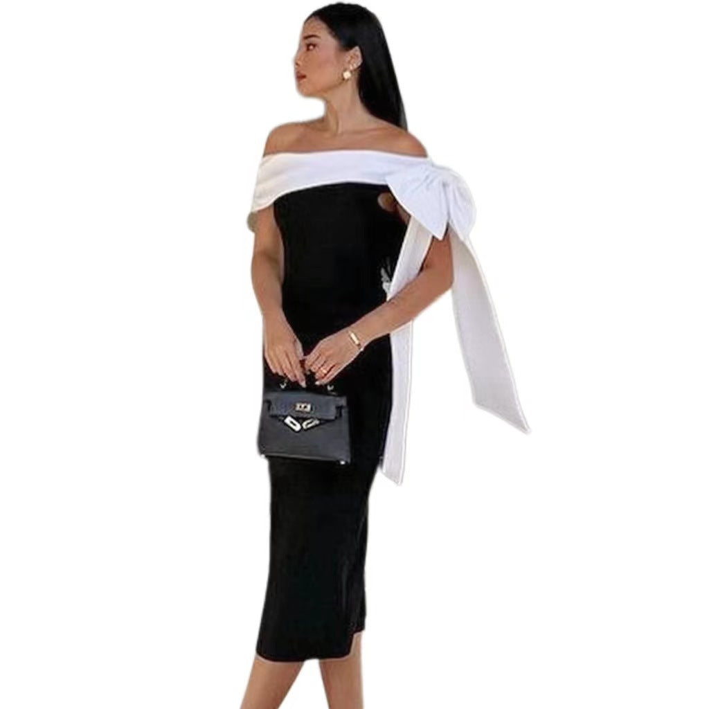 Krispfy.com Women's Off-Shoulder Bow Black & White Color Matching Elegant Cocktail Dress