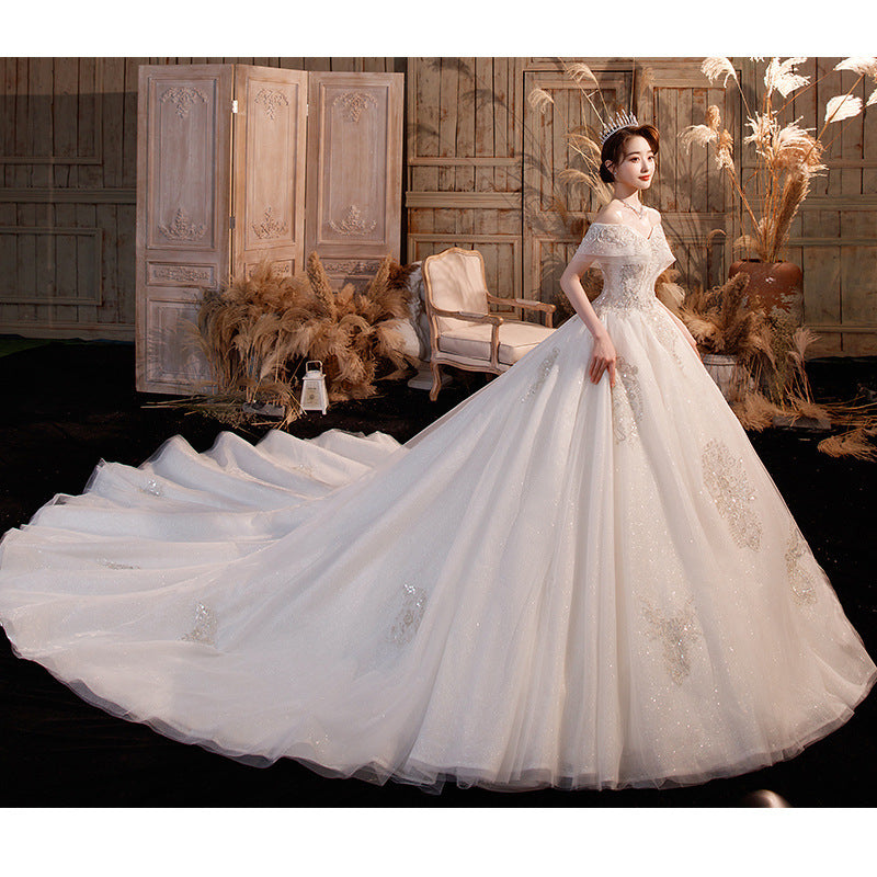 Krispfy.com Wedding Dress Trailing Heavy Industry One-shoulder Bridal Temperament Female Forest Super Fairy Dream Starry Sky Skirt