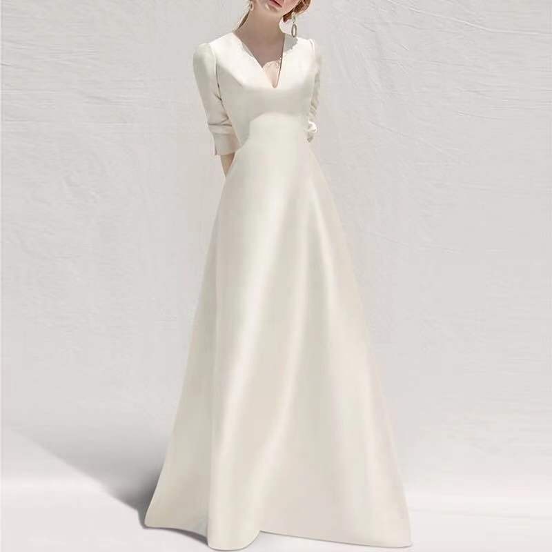Krispfy.com - Ladies Style White Dress Satin Surface Was Thin And High French Temperament Dress Long Skirt