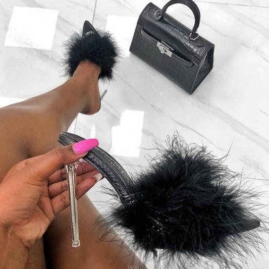 Krispfy Orignals USA - Woman Shoes I Transparent Crystal High Heels I  Woman Feather Fur Slippers