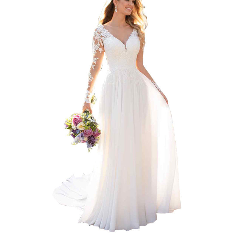 Krispfy.com - Sexy Backless Deep V-neck Wedding Dress Women White Evening Dress