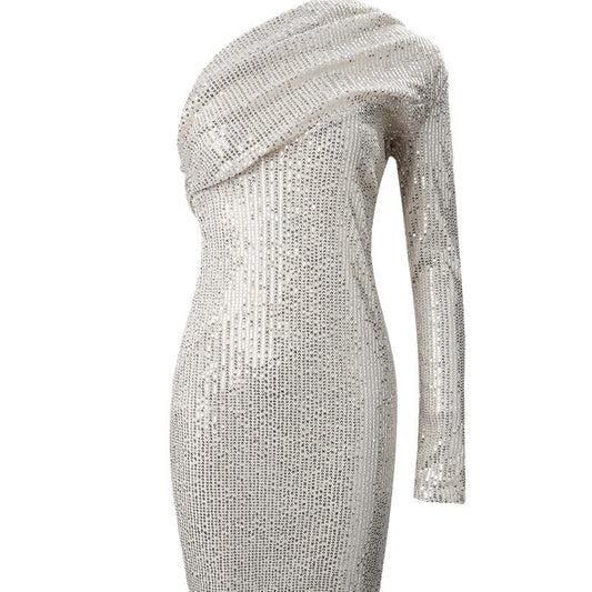 Krispfy.com Silver One Shoulder Sequin Formal Dress