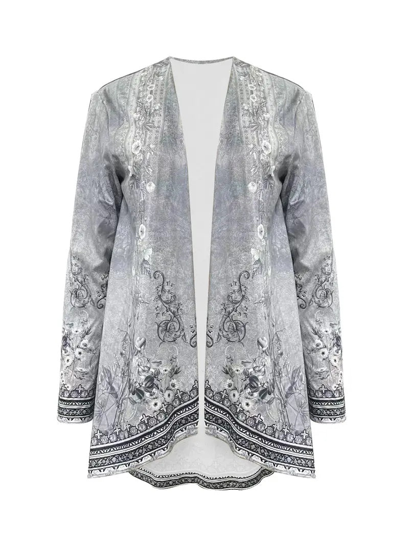 Spring And Autumn New Women's Top Printed Cardigan Casual Long Sleeve Light Jacket Gray
