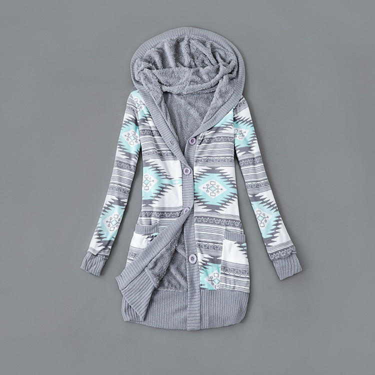 Autumn And Winter Jacket Printed Hooded Wool Liner Knit Midi Length