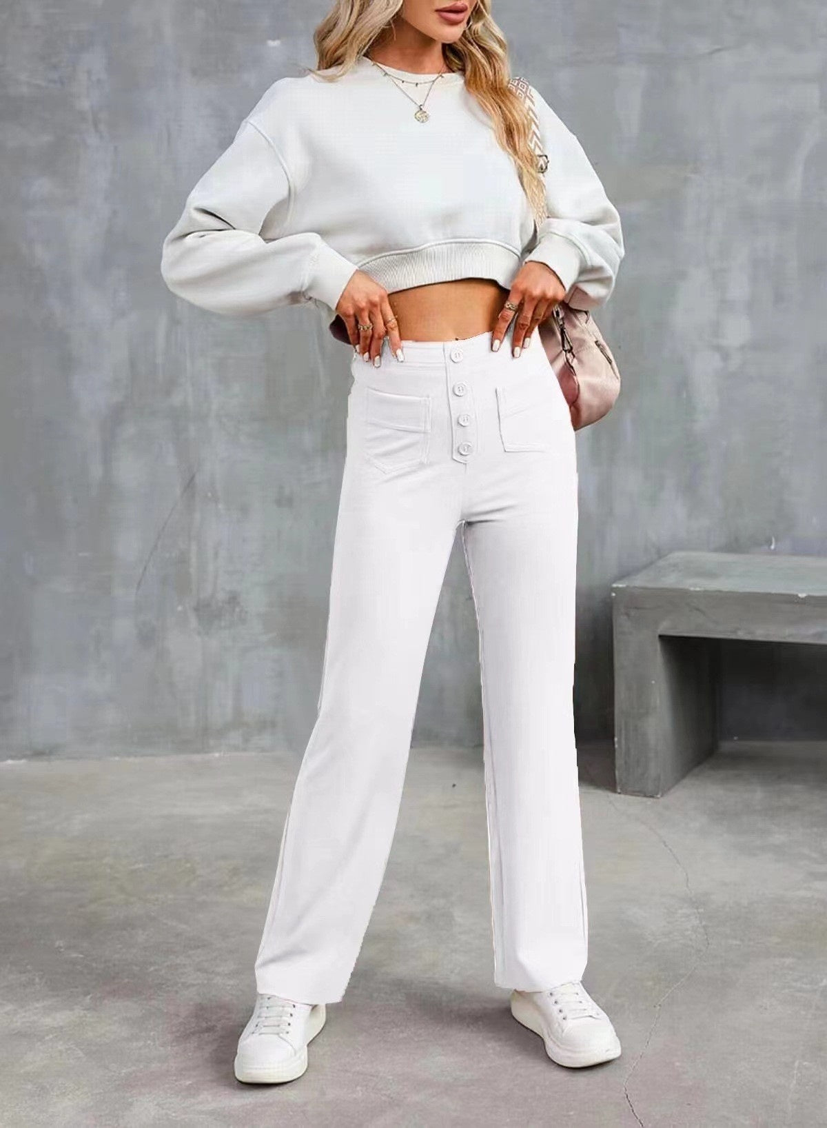 High Waist Trousers With Pockets Casual Loose Wide Leg Button Straight Pants Women's Clothing