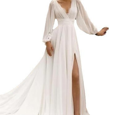 Krispfy.com European & American High Waist Plus Size Deep V Long Sleeve Mopping Backless Wedding Dress High Slit