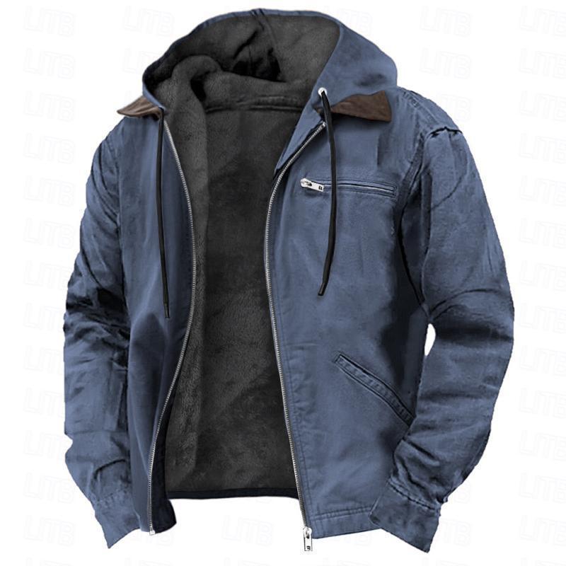 Krispfy.com - Orgnals Winter Hooded Coat With Pockets Fashion Warm Fleece Zip-up Jacket Casual Outwear Men's Clothing