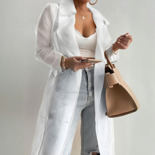 Women's Solid Color Half Sheer Long Sleeve Cardigan With Buttons & Belt - Lightweight Cover-Up For Summer