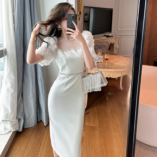 Krispfy.com Round Neck Beaded White Slim Fit Long Dress