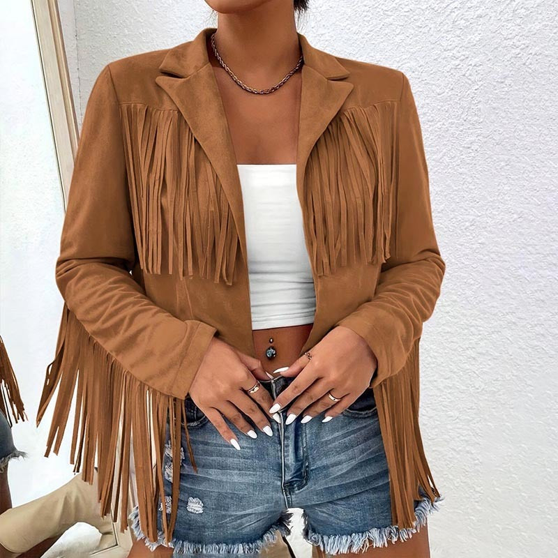 Women's Solid Color Fashion Lapel Loose Fit Fringe Long Sleeve Jacket - Stylish Tassel Detail On Chest & Sleeves For Fall&Winter Casual Wear