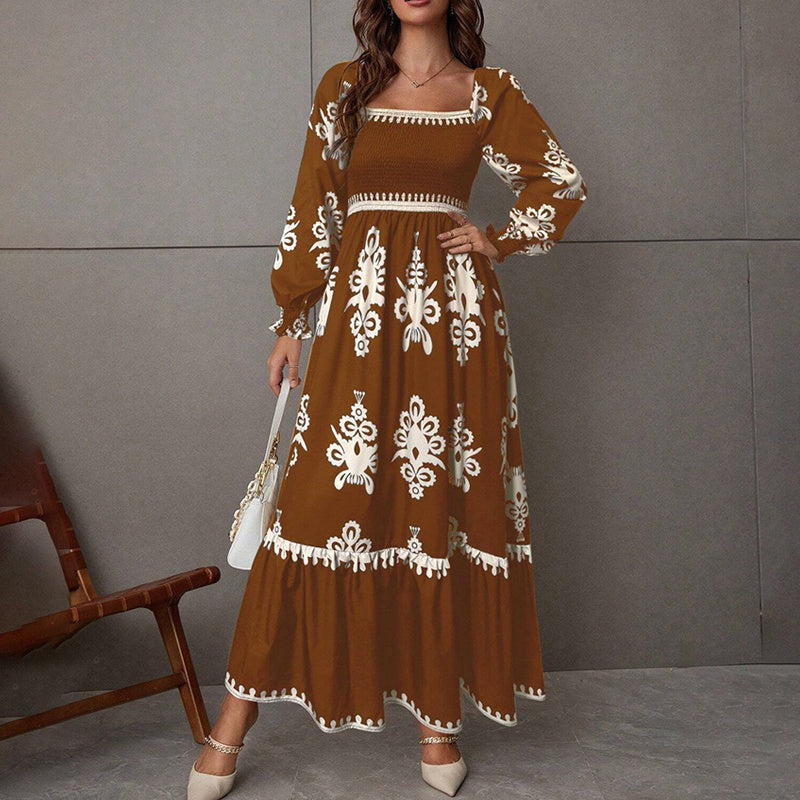 Elegant Women's Retro Geometric Print Lantern Sleeve Dress - Square Neck A-Line With Elastic Cuffs, Casual & Formal Dress