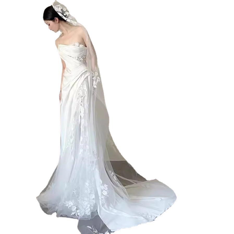Krispfy.com Satin Lace Wedding Veil Tube Top Fishtail Wedding Dress