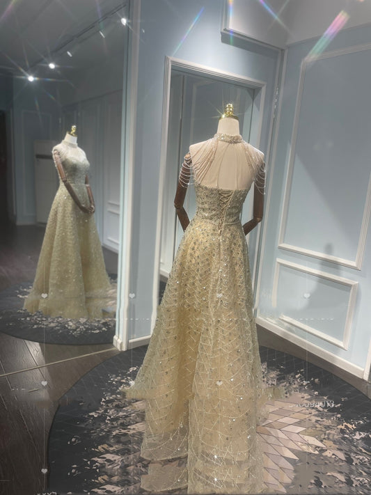 Krispfy.com Golden Neck Hanging Light Luxury Toast Evening Dress