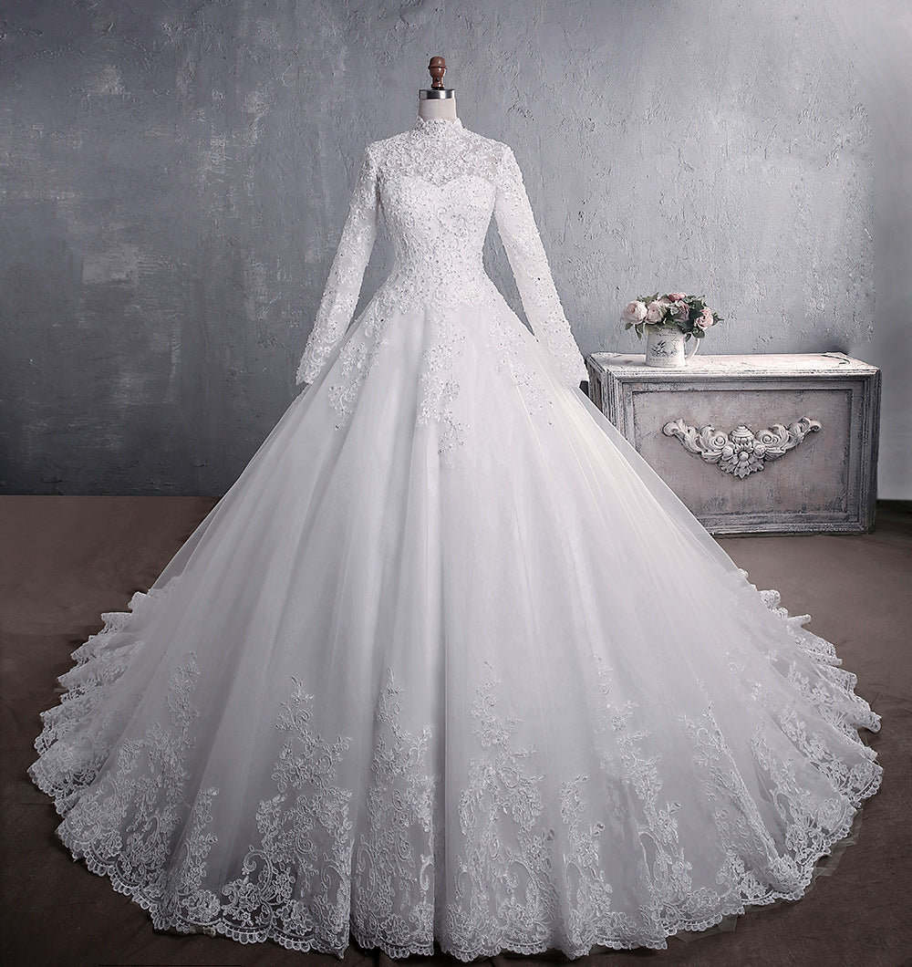 Krispfy.com Lace Wedding Dress Bridal Long-Sleeved Large Tail