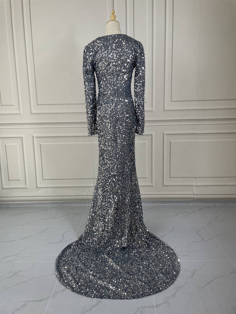 Krispfy.com Grey Long Sleeve Sequin Evening Dress