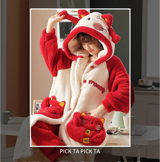 Autumn And Winter Parent-child Coral Velvet Pajamas Family Of Three Children Large Size Thickened Robe Nightgown