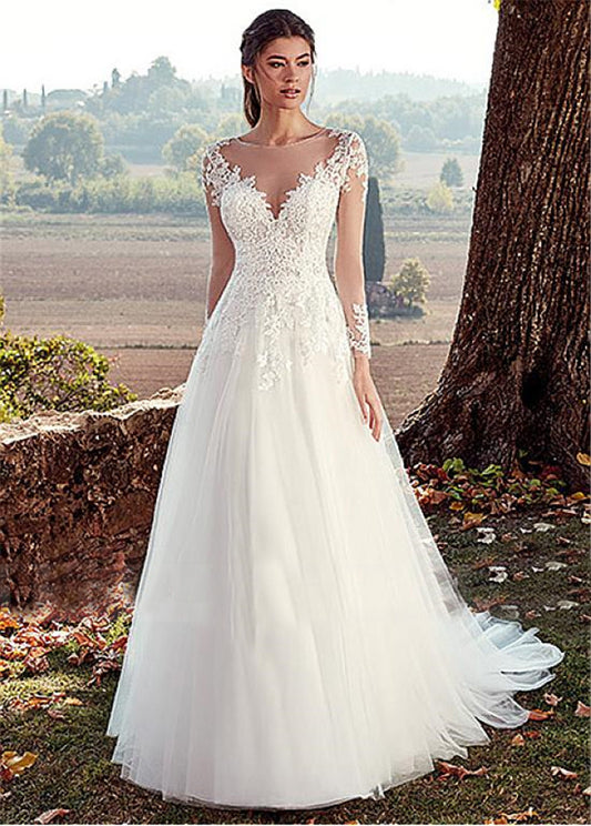 Krispfy.com High U-neck Lace Long Sleeve A- Line Long Tail Simple Wedding Dress