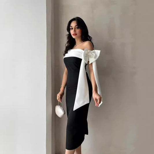 Krispfy.com Women's Off-Shoulder Bow Black & White Color Matching Elegant Cocktail Dress