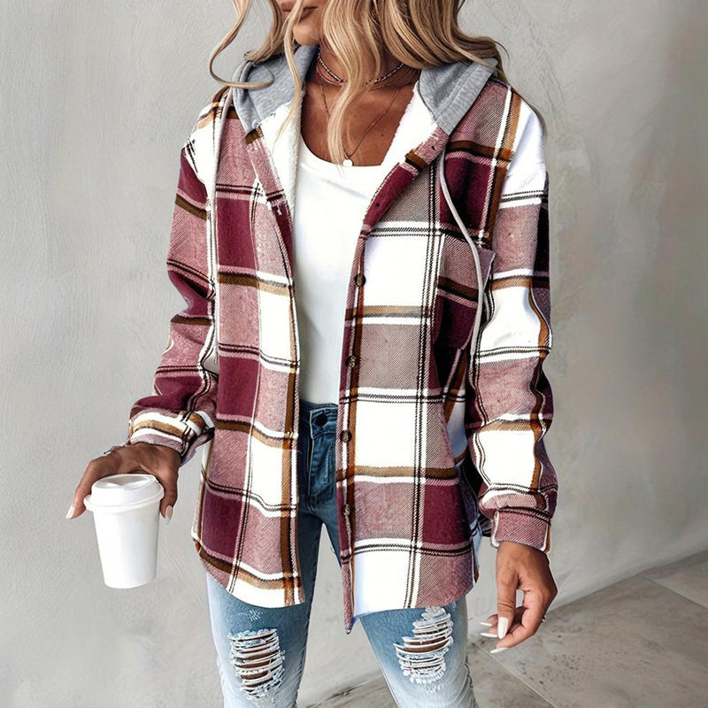 Women's Plaid Hoodie Long Sleeve Jacket Button Drawstring Casual Fall Shirts Shacket With Pocket