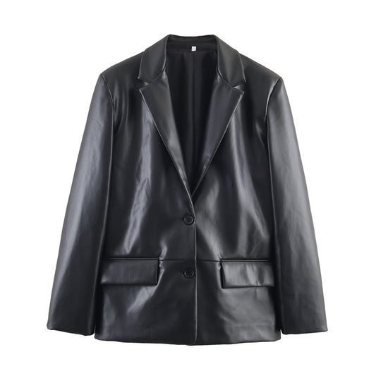 Fashion Temperament Women's Straight Leather Effect Blazer