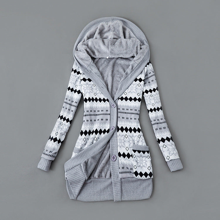 Autumn And Winter Jacket Printed Hooded Wool Liner Knit Midi Length