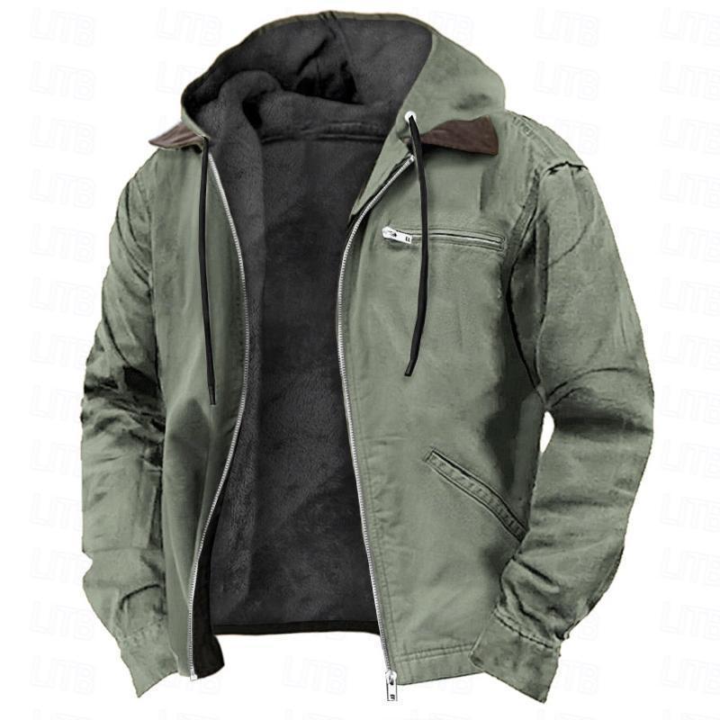 Krispfy.com - Orgnals Winter Hooded Coat With Pockets Fashion Warm Fleece Zip-up Jacket Casual Outwear Men's Clothing