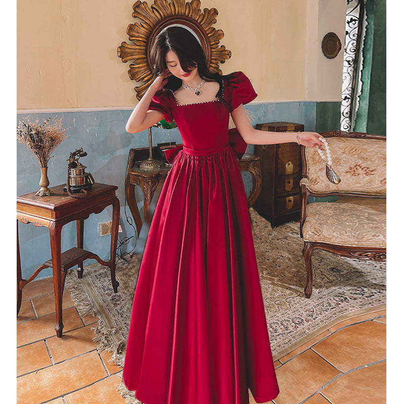 Krispfy.com Winter Wine Red Engagement I French Princess Dress I Satin Dress