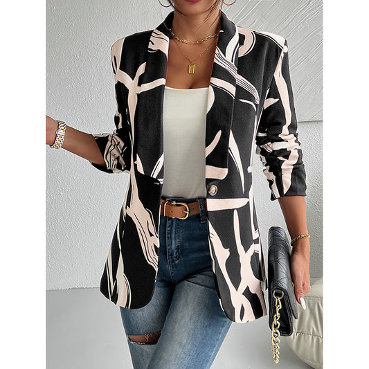 Women's Abstract Print Blazer Button Front Lapel Long Sleeve Office Blazer Elegant Work Jacket For Women