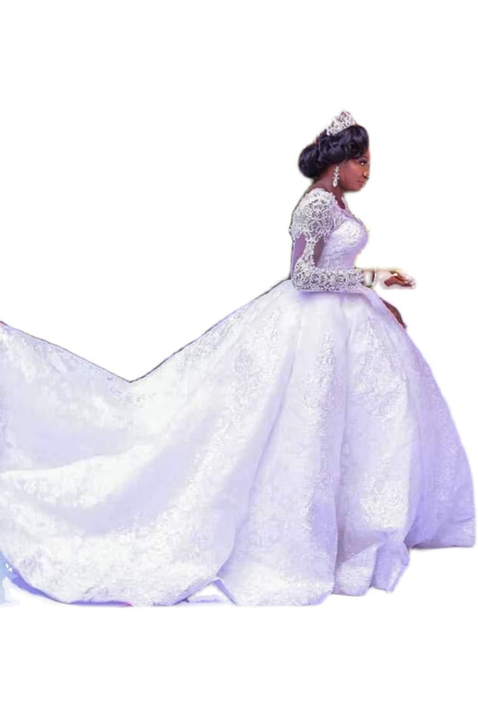 Krispfy.com Lace African Wedding Dress Long Sleeves Round Neck Big Tail Tutu Skirt