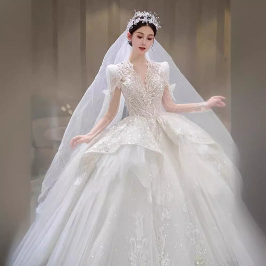 Krispfy.com Long Sleeve Trailing French Retro Bridal Dress