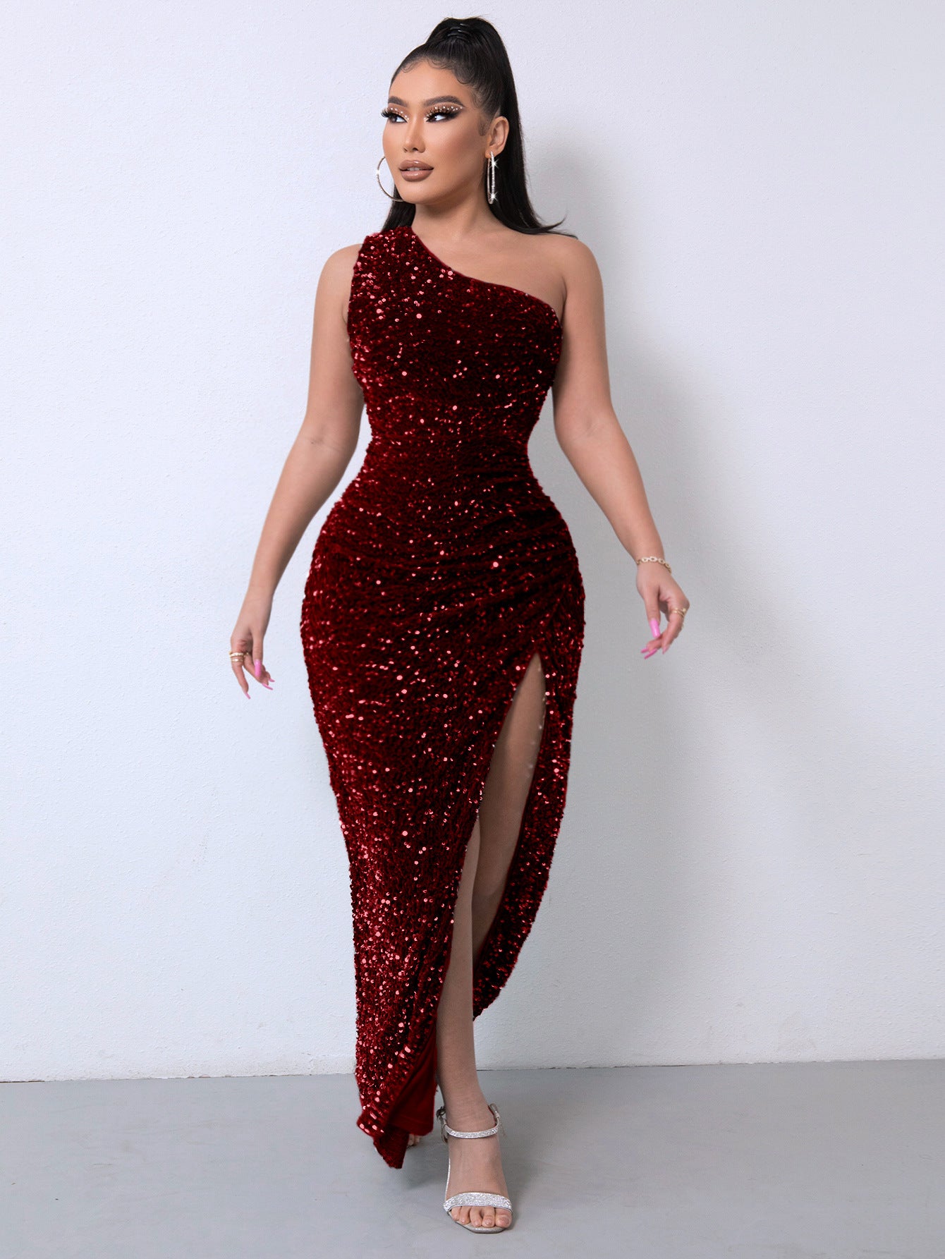Krispfy.com Foreign Trade Sleeveless One Shoulder Slash Neck Sequins Gorgeous Slit Women's Dress