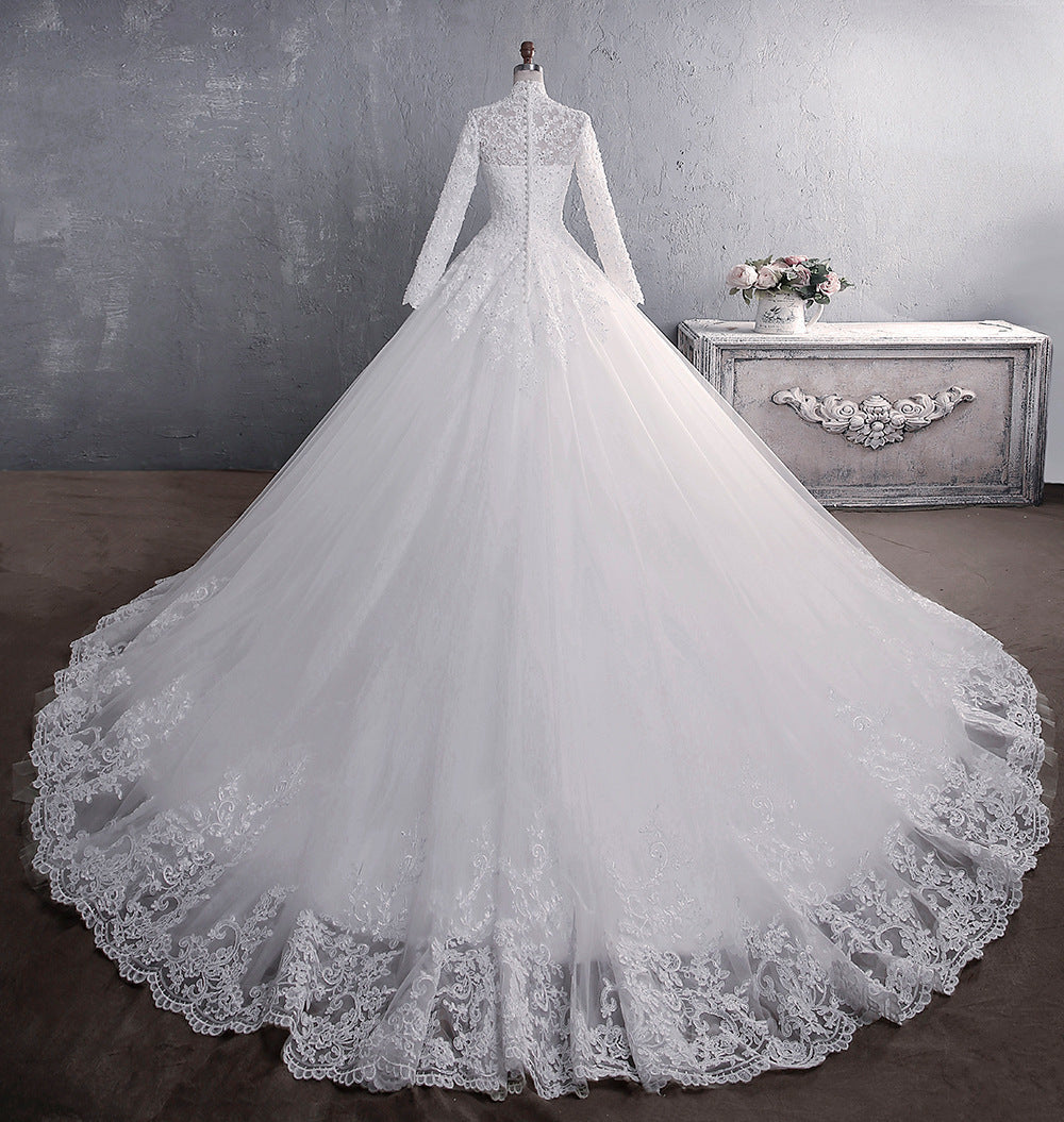 Krispfy.com Lace Wedding Dress Bridal Long-Sleeved Large Tail