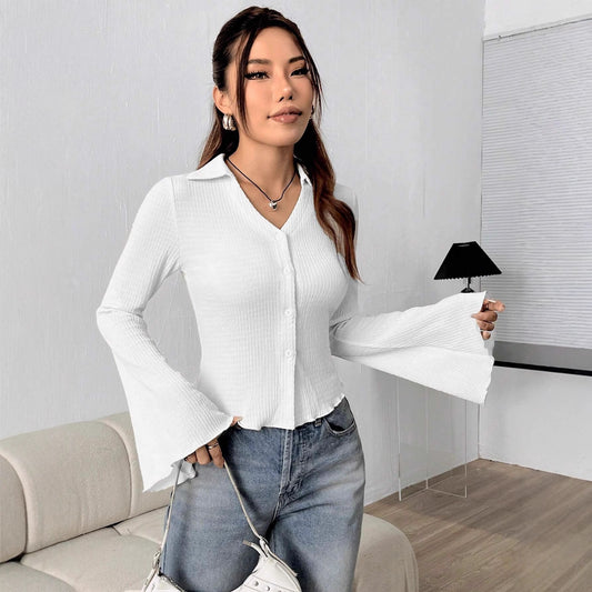 Shoulder Bell Sleeve Solid Color Long-sleeved Top