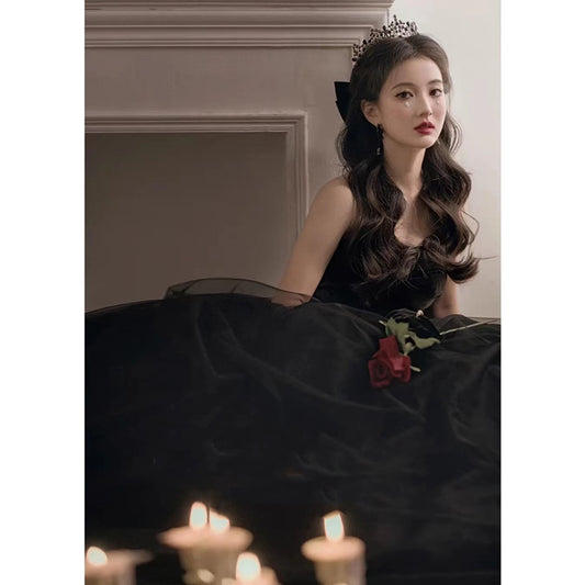 Krispfy.com Black Evening Dress Can Wear Birthday Host Light Luxury Niche Wipe Chest Long