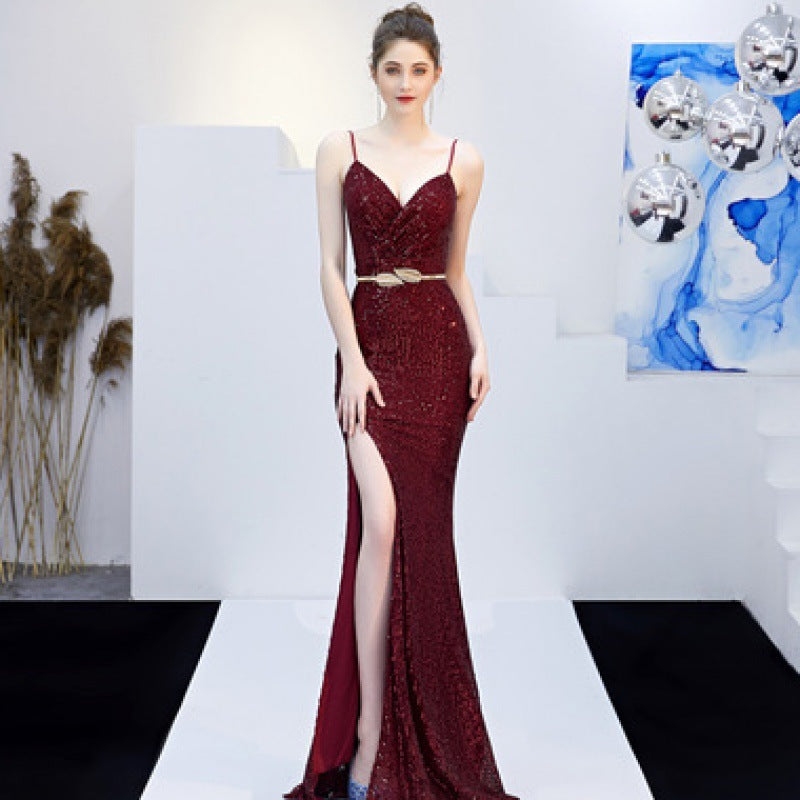 Krispfy.com New Banquet Elegant Annual Meeting Long Host Deep V Sexy Fishtail Sequined Dress