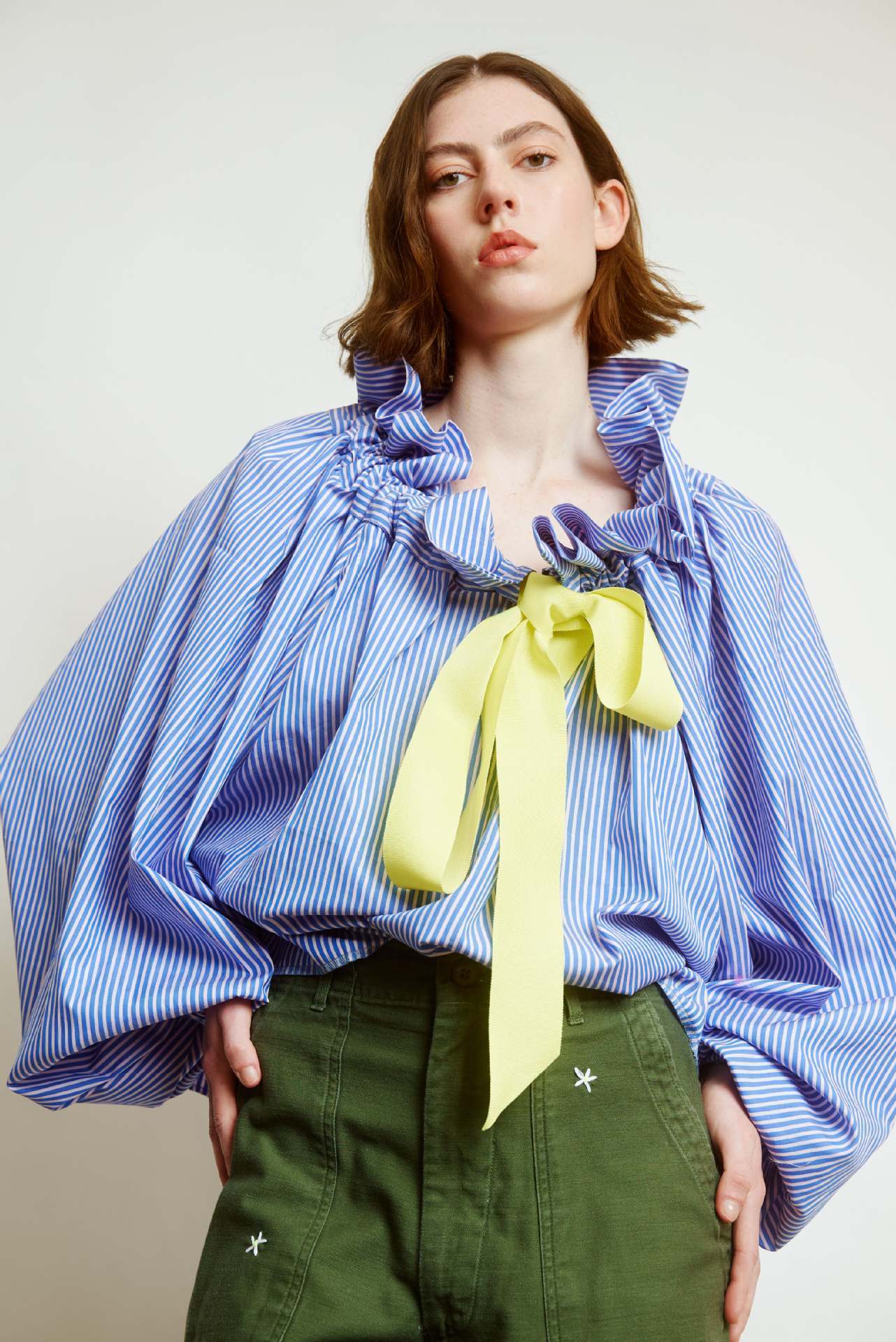 Women's Contrast Color Striped Shirt Lace-up Top