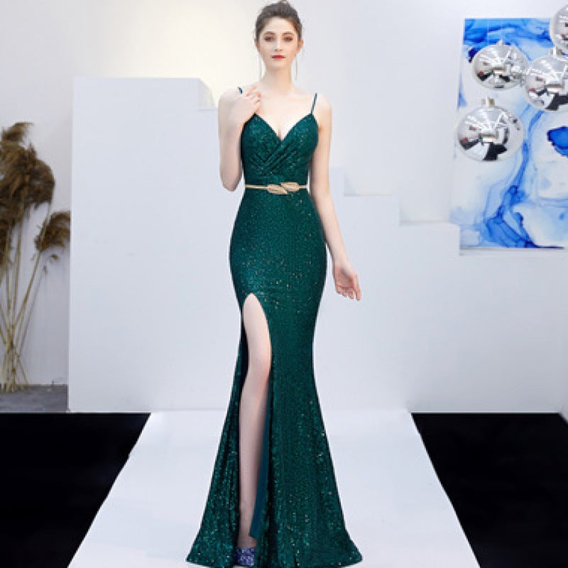 Krispfy.com New Banquet Elegant Annual Meeting Long Host Deep V Sexy Fishtail Sequined Dress