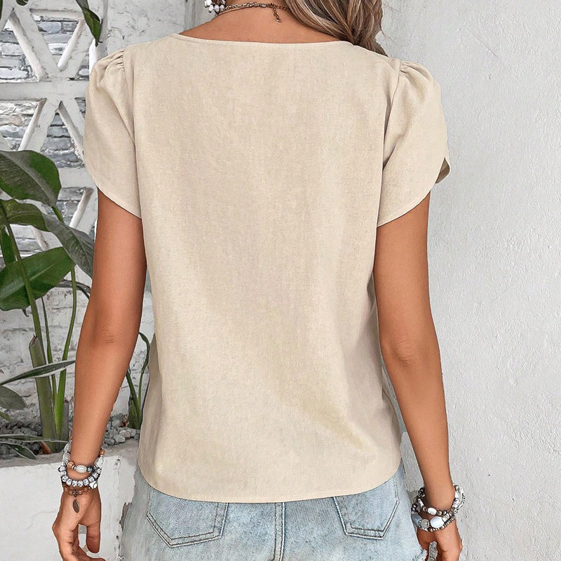 Womens Dressy Casual Petal Sleeve Asymmetrical V Neck Work Shirts Blouse Tops