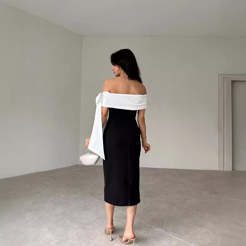 Krispfy.com Women's Off-Shoulder Bow Black & White Color Matching Elegant Cocktail Dress