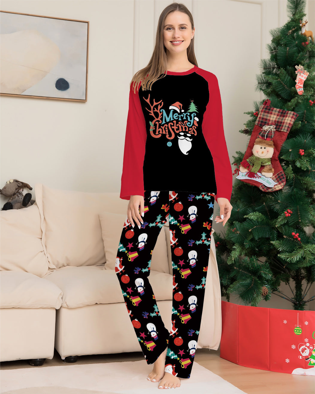 Cartoon Printed Round Neck Long Sleeve Holiday Pajamas Parent-child Suit