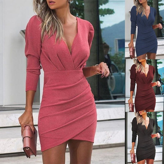 Krispfy.com Thin Women's Solid Color Hedging Long Sleeve Dress