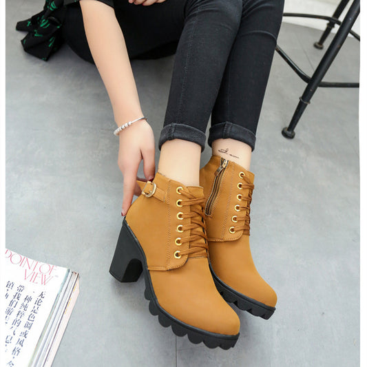 Krispfy Orignals USA - Chunky Block Heel Boots Buckle Ankle Boots I Women Shoes