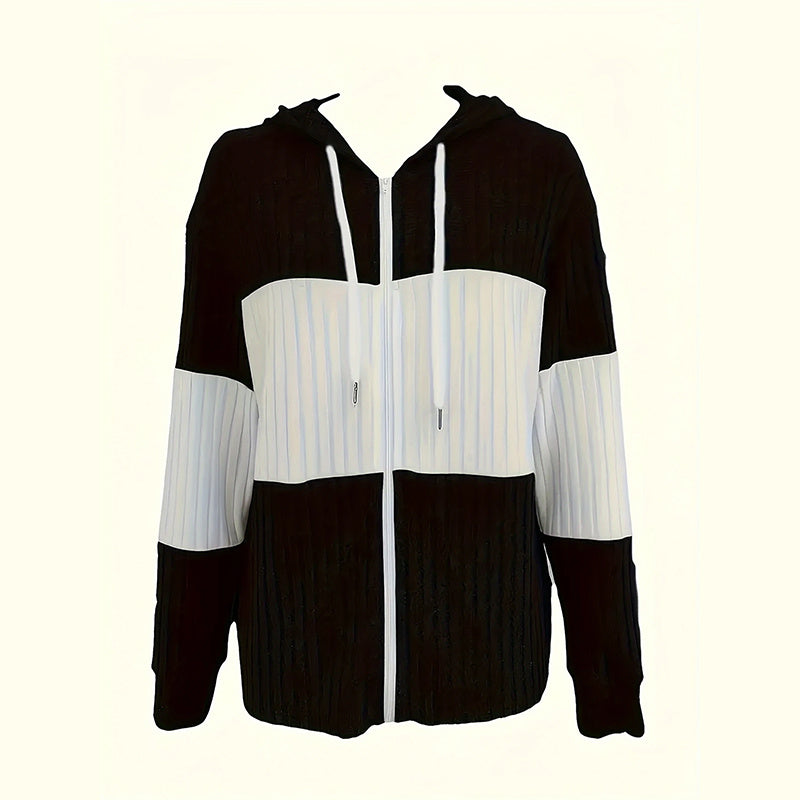 Women's Long Sleeve Color Block Zip-Up Hooded Hoodie Jacket Drawstring Ribbed For Spring & Fall Casual