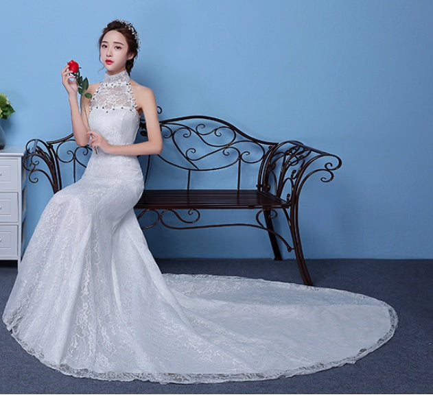 Krispfy.com Big Red Wedding Dress Bride Large Size Waist Fishtail Wedding Dress Fishtail Tail Korean Hanging Neck