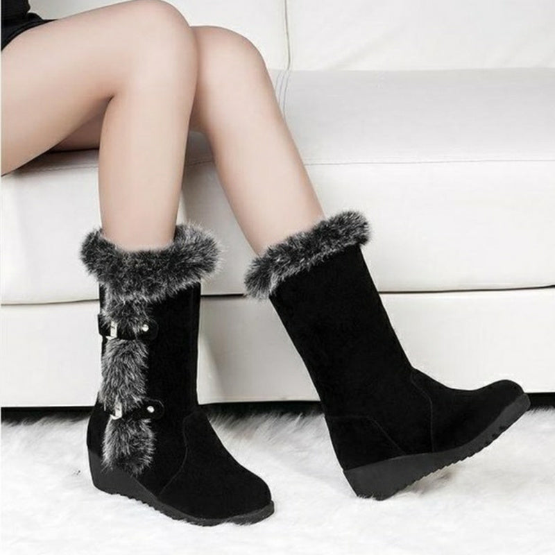 Krispfy Orignals USA - Women Casual Warm Fur Mid-Calf Boots Shoes  I Round Toe Flats Snow Boots Shoes