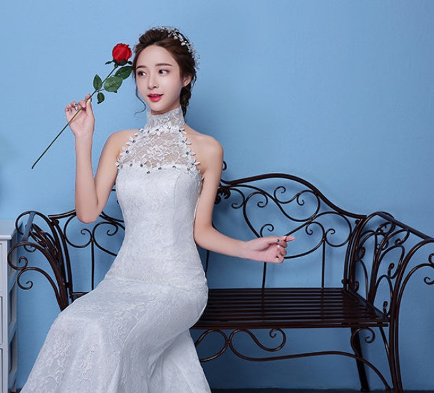 Krispfy.com Big Red Wedding Dress Bride Large Size Waist Fishtail Wedding Dress Fishtail Tail Korean Hanging Neck