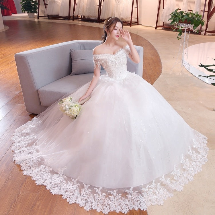 Krispfy.com Shoulder-To-Shoulder Wedding Dress Bridal Lace Plus Size Thin Shoulder Wedding Dress