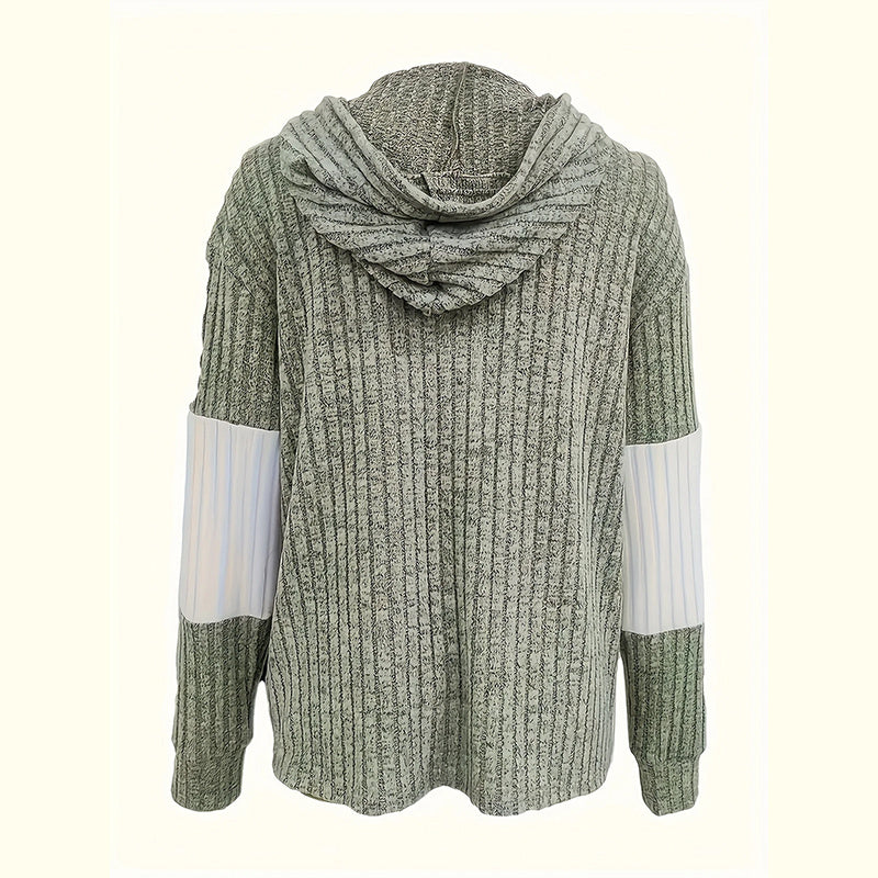 Women's Long Sleeve Color Block Zip-Up Hooded Hoodie Jacket Drawstring Ribbed For Spring & Fall Casual